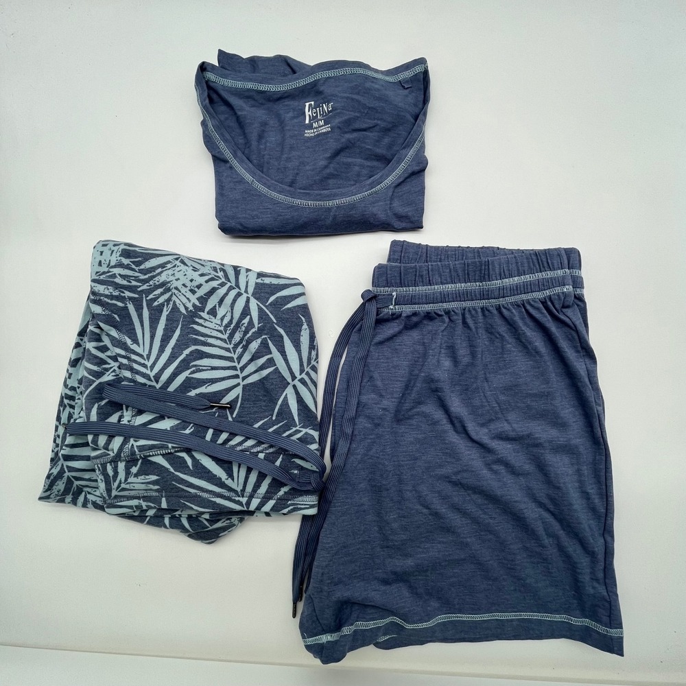 Felina 3 Piece Sleep Set Tee Short and Jogger Blue Palm Print Medium NEW